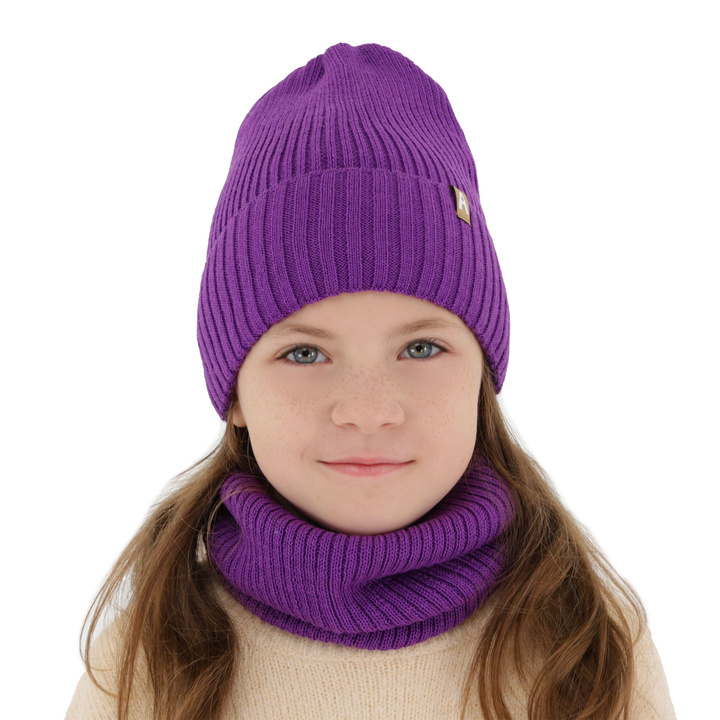 Girl's winter set: hat and tube scarf violet merino wool Peggy