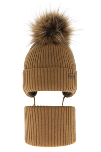 Boy's winter set: hat and tube scarf camel Bergo with pompom