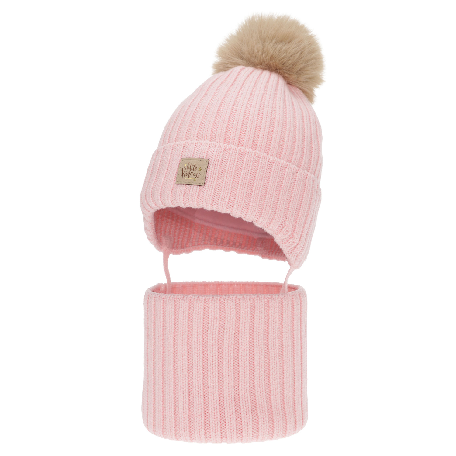 Girl's winter set: hat and tube scarf, pink, 100% merino wool, with ears, cotton lining, Malesia