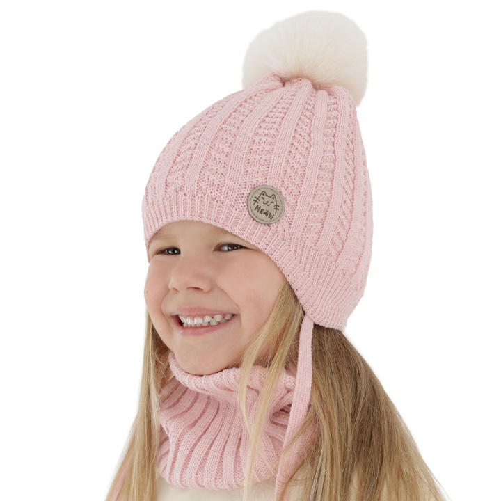Girl's winter set: hat and tube scarf pink with pompom Kenta