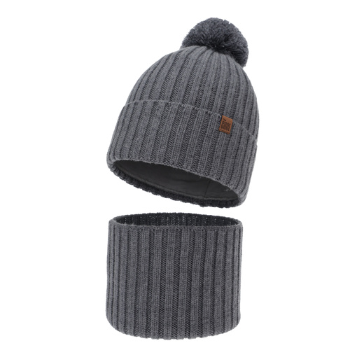 Boy's winter set: hat and tube scarf, gray, 100% merino wool, cotton lining, Tolmar