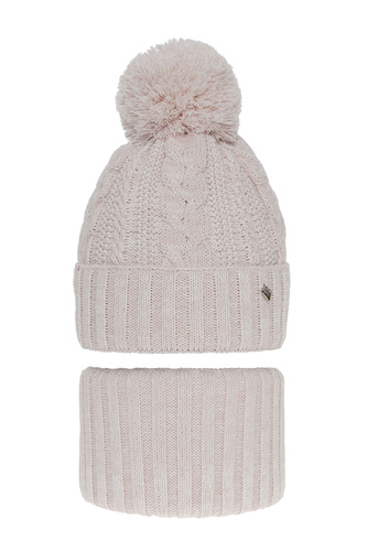 Girl's winter set: hat and tube scarf pink Maroko with pompom