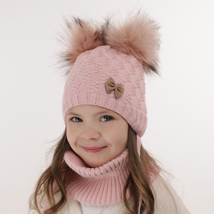 Girl's winter set: hat and tube scarf ecru with two pompoms Bettina