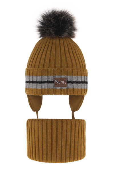 Boy's winter set: hat and tube scarf mustard with pompom Echo