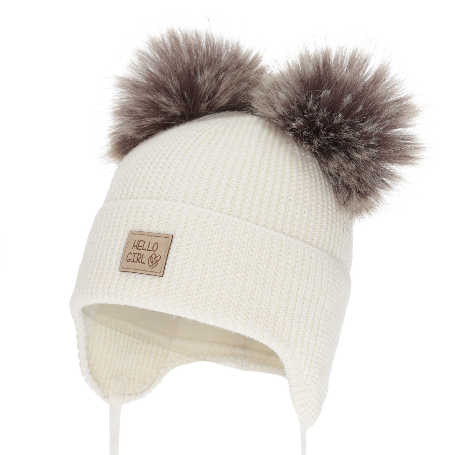 Girl's winter hat, cream, 100% merino wool, wool fleece lining, with ears, Trudina