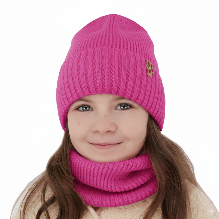 Girl's winter set: hat and tube scarf pink 100% extra finemerino wool Nelita