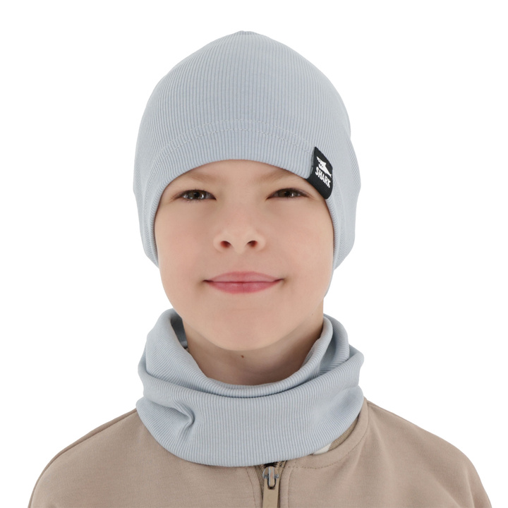 Boy's spring, autumn set: hat and tube scarf, grey, cotton, Rumel