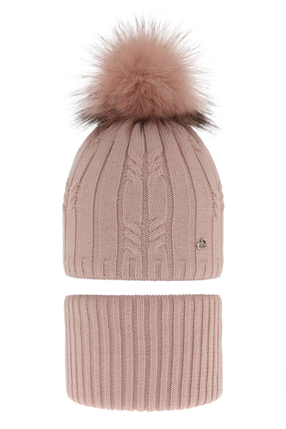 Girl's winter set: hat and tube scarf pink Amaltea with pompom