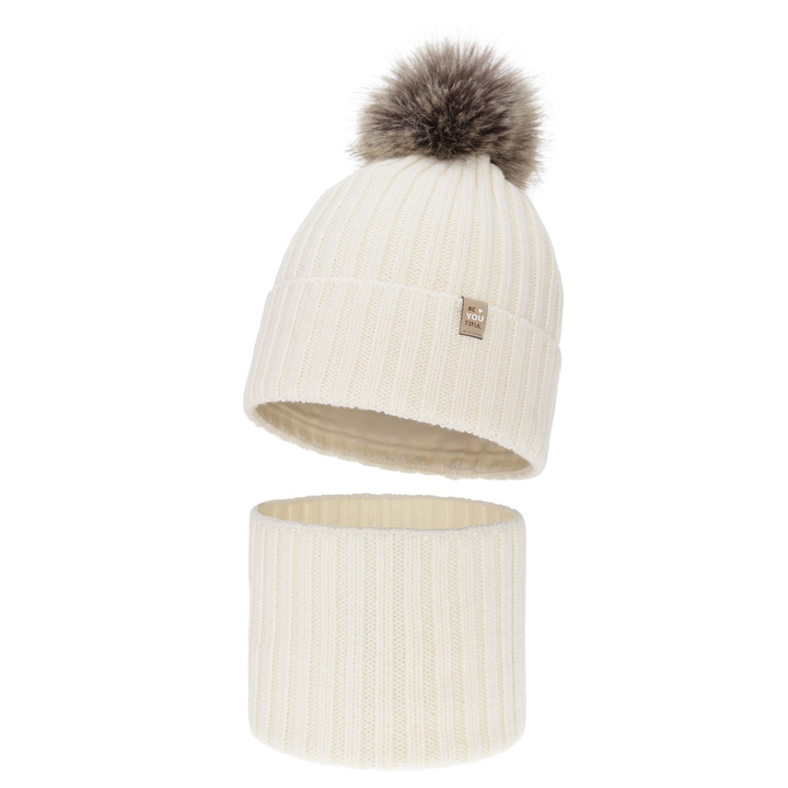 Girl's winter set: hat and tube scarf, 100% merino wool, cotton lining, with pompom, cream, Terida