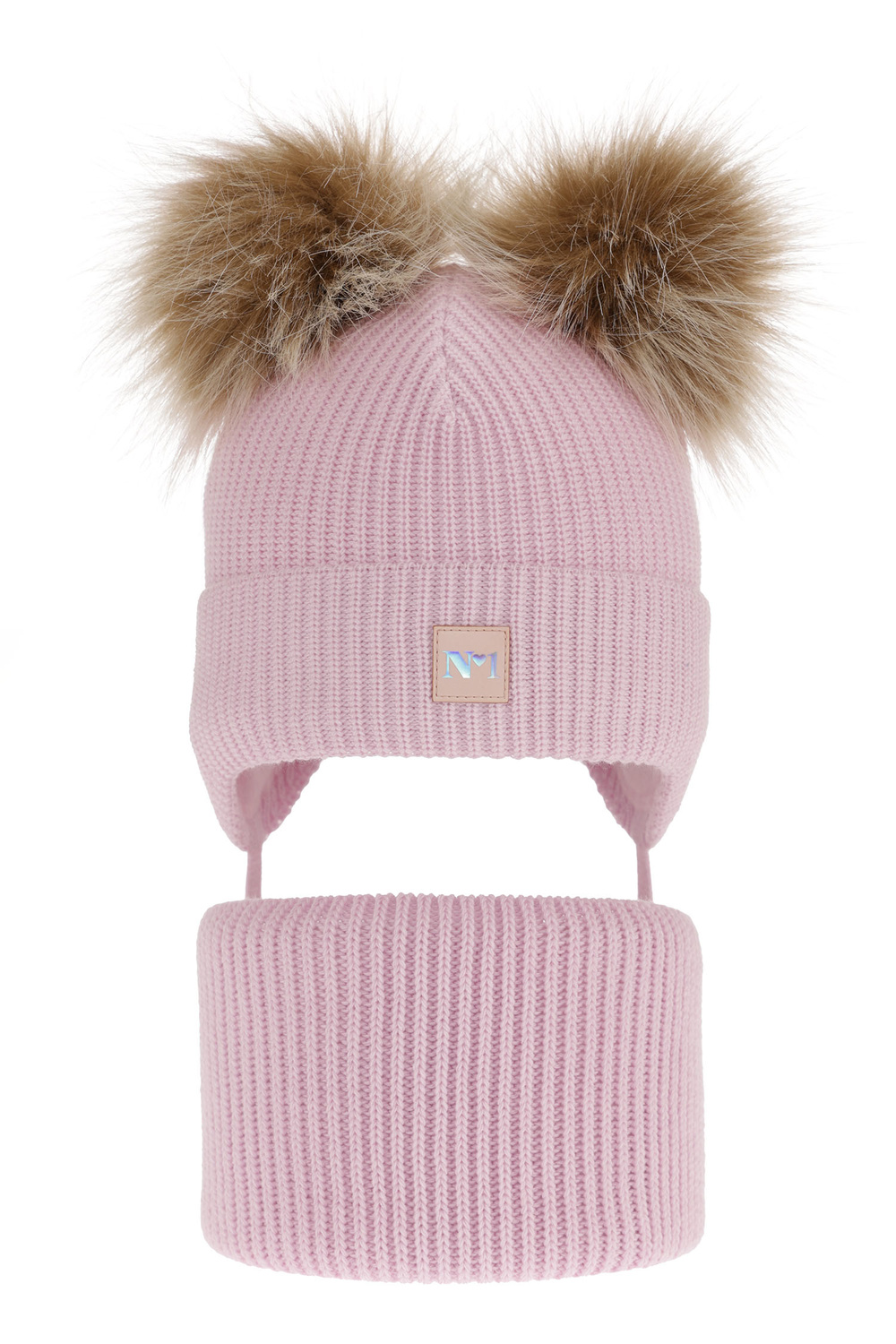 Girl's winter set: hat and tube scarf violet with two pompoms Kiara