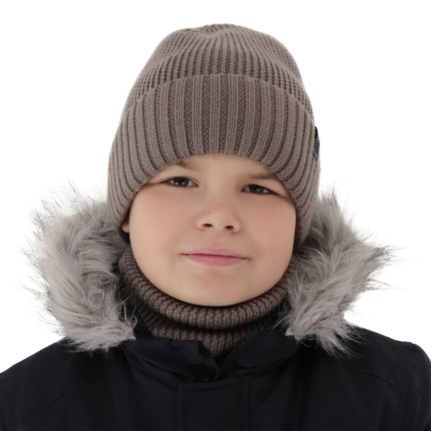 Boy's hat and tube scarf, winter set, 100% merino wool, with merino wool lining, brown Harbin