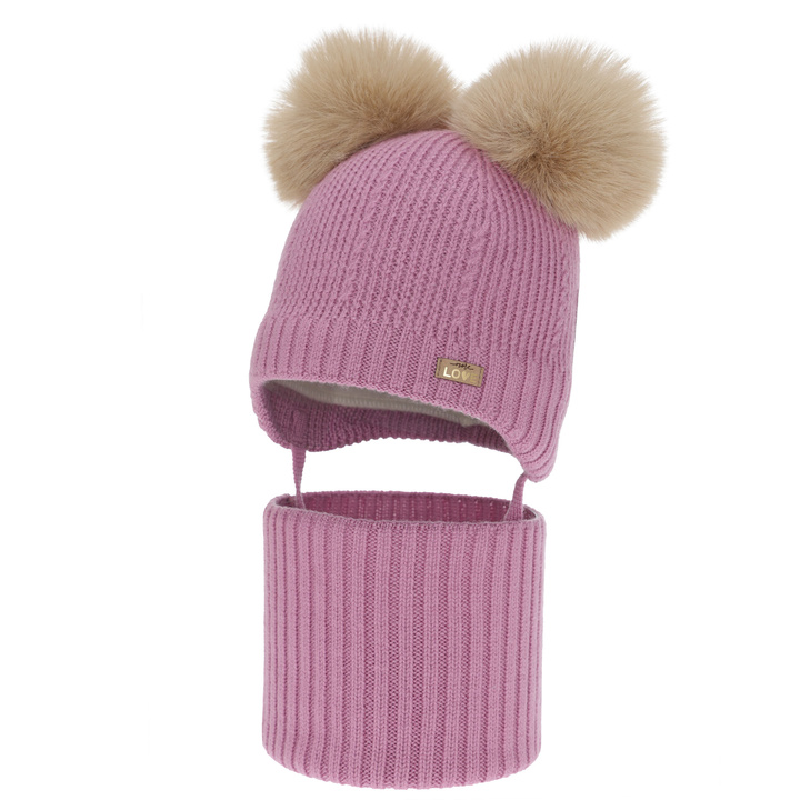 Girl's hat and tube scarf, winter set, purple, 100% merino wool, lined with wool fleece, Lumia