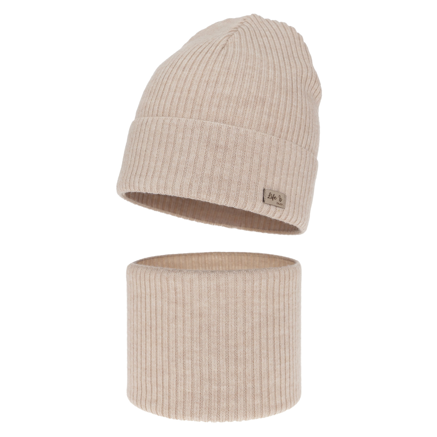 Girl spring autumn set hat and tube scarf beige 100% extra fine merino wool Itra