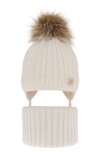 Girl's winter set: hat and tube scarf ecru with pompom Passa