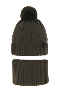 Boy's winter set: hat and tube scarf khaki Deny with pompom