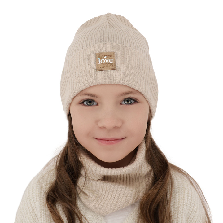 Girl's spring/ autumn set: hat and tube scarf, with cotton, beige Furora