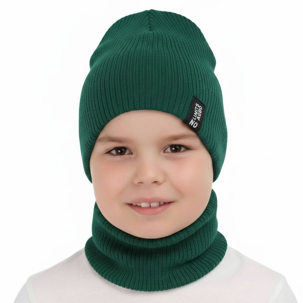 Children's autumn/ spring set: hat and tube scarf, with cotton, green Tunis