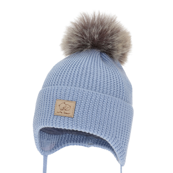 Boy's winter hat, blue, with ears, 100% merino wool, Jergen