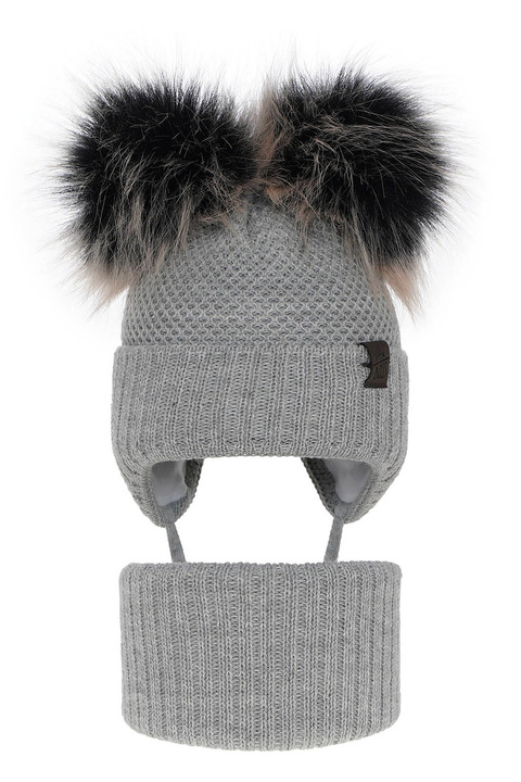 Boy's winter set: hat and tube scarf grey Randel with two pompom