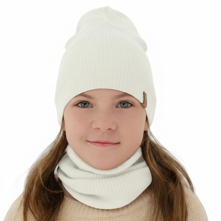 Girl spring autumn set hat and tube scarf white 100% extra fine merino wool Ricona
