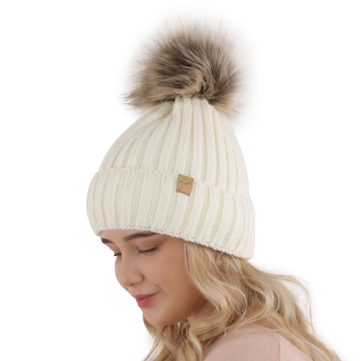 Woman's winter hat ecru Europa with pompom