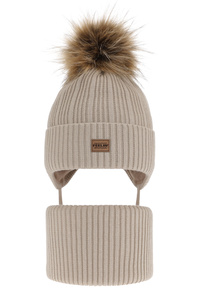 Boy's winter set: hat and tube scarf beige with pompom Eger