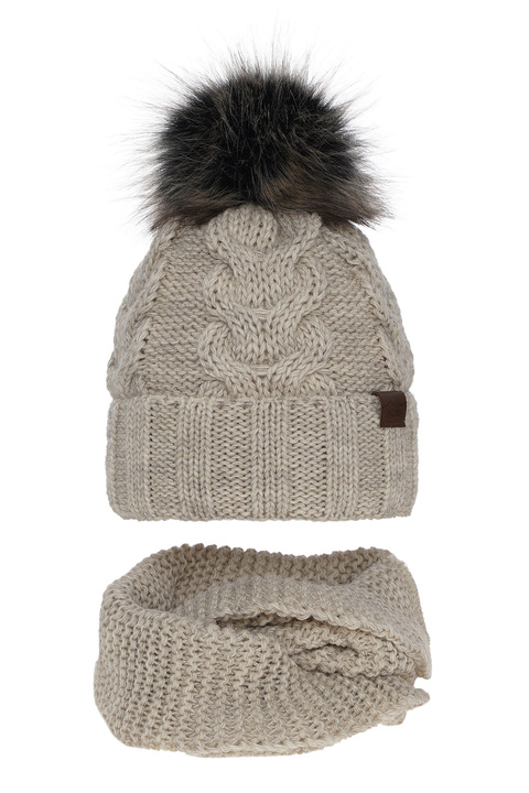 Girl's winter set: hat and tube scarf beige Torina with pompom