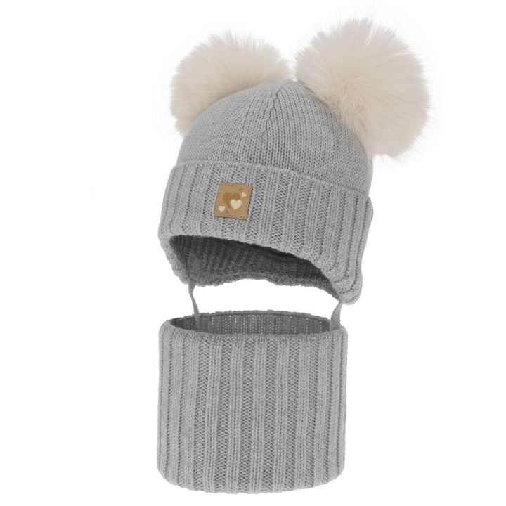 Girl's hat and tube scarf, winter set, grey, 100% merino wool, lined with wool fleece, Ronia