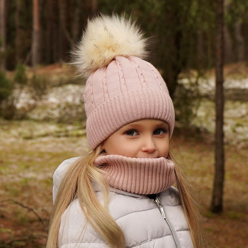 Girl's winter set: hat and tube scarf grey Lawa with pompom