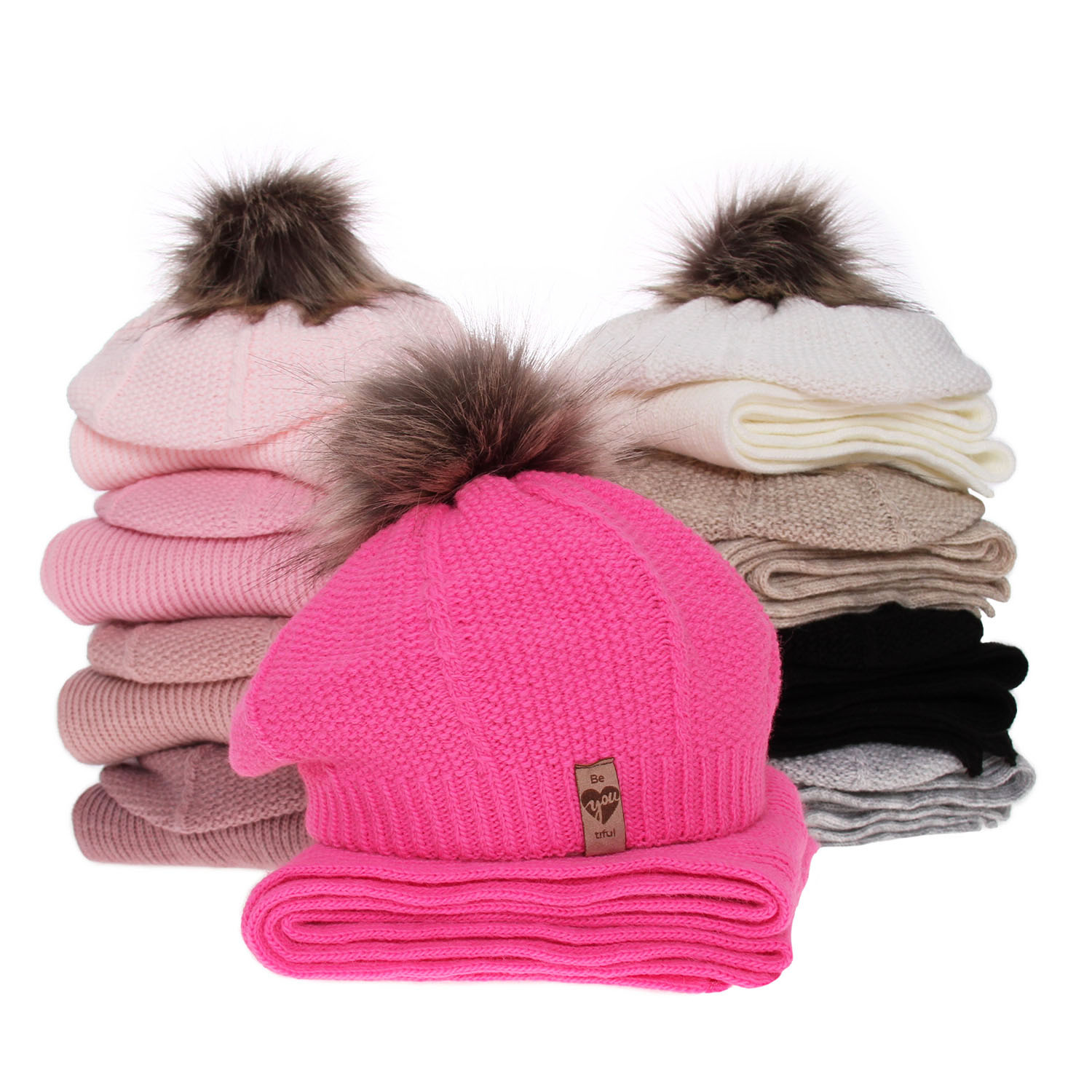 Girl's winter set: hat and scarf pink Elif with pompom