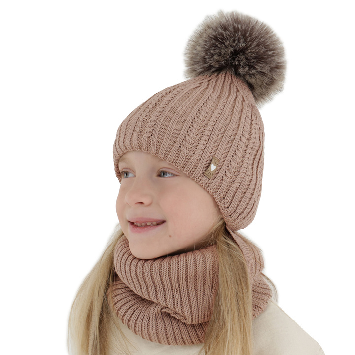 Girl's winter set: hat and tube scarf, beige, with merino wool, Muanda