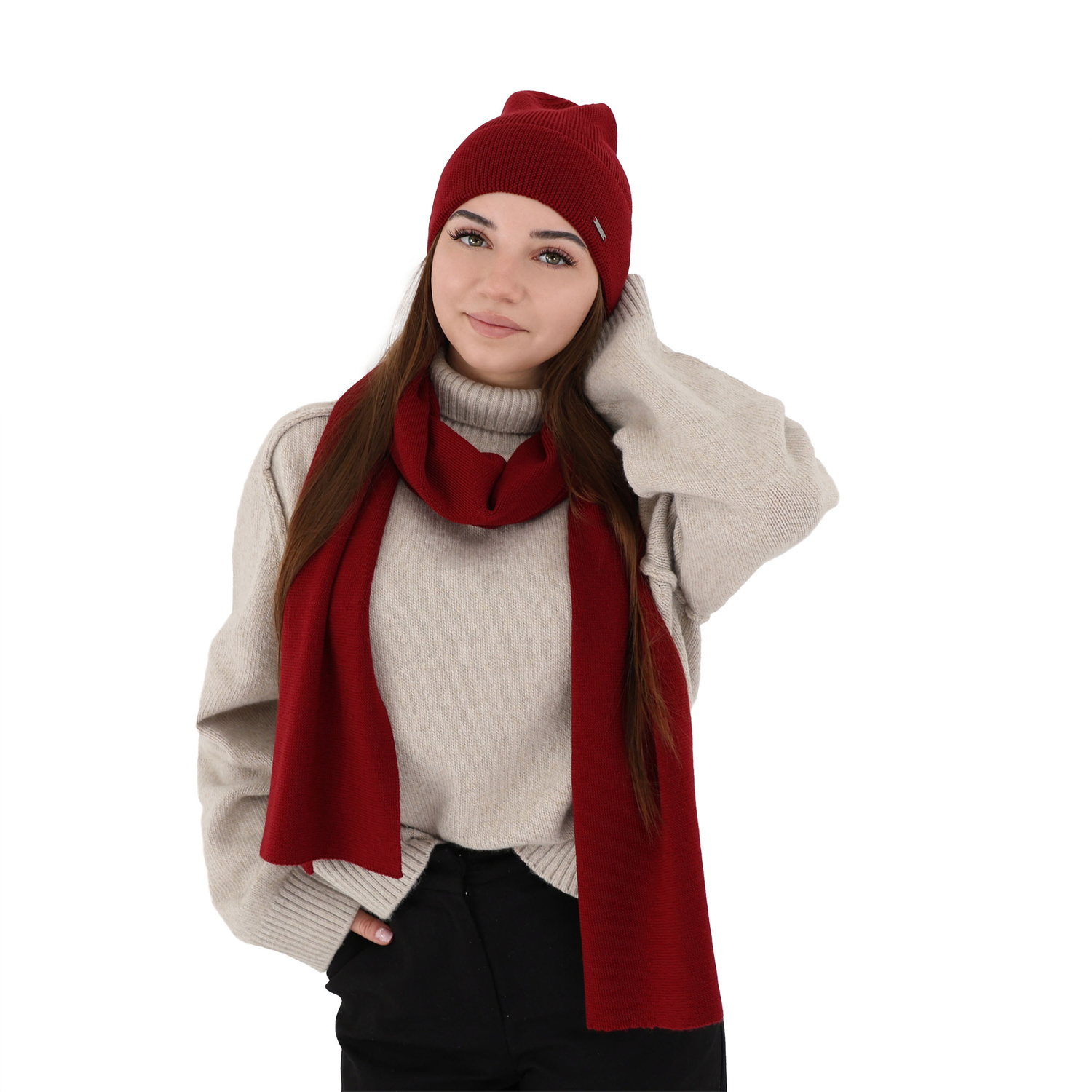 Women's spring and winter set: hat and scarf beige 100% extra fine merino wool Melpomena