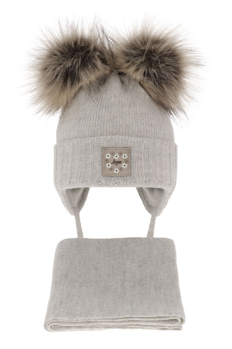 Girls winter set: hat and scarf grey with two pompoms Jazz