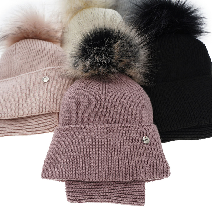 Girl's winter set: hat and tube scarf ecru Reneta with pompom