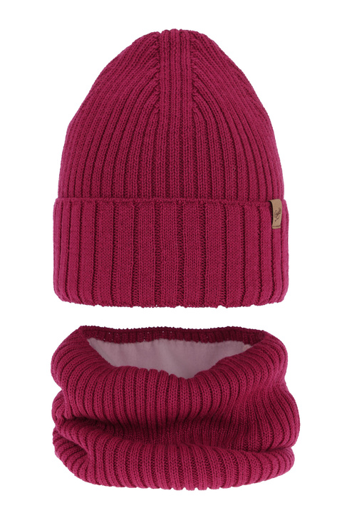 Girl's winter set: hat and tube scarf pink merino wool Mesalia