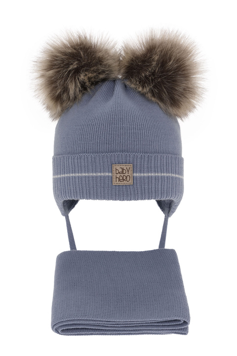 Boy's winter set: hat and scarf blue with two pompom Melon