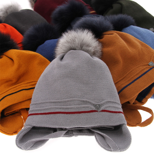 Boy's winter set: hat and tube scarf navy blue Burgund with pompom
