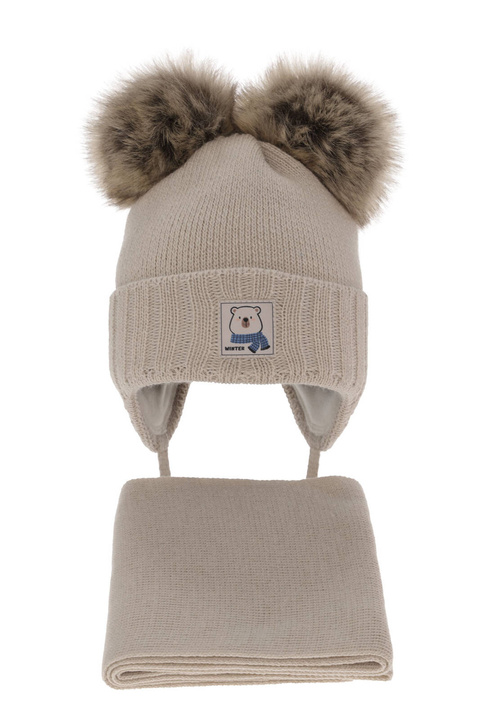 Boy' s winter set: hat and scarf beige with two pompoms Jewel