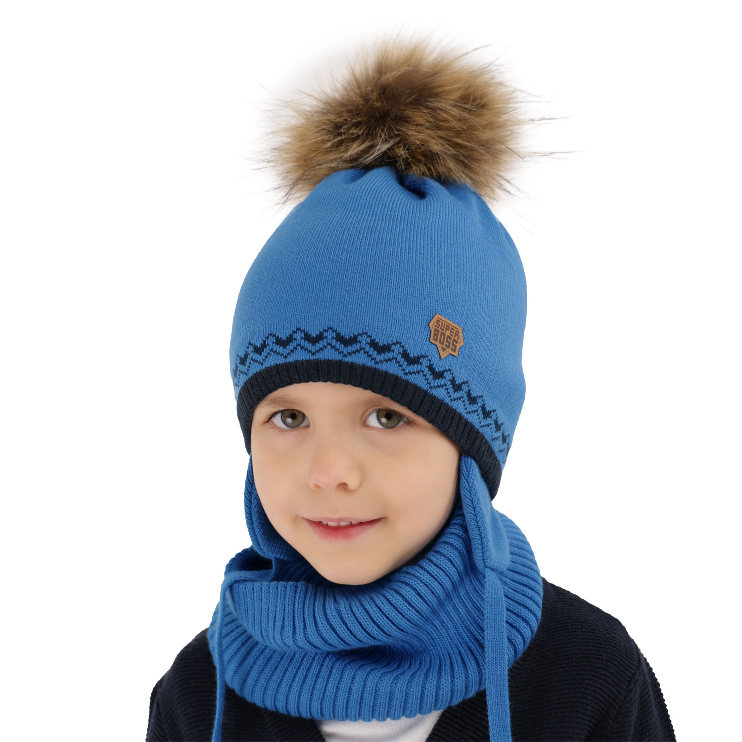 Boy's winter set: hat and tube scarf grey Elpis with pompom
