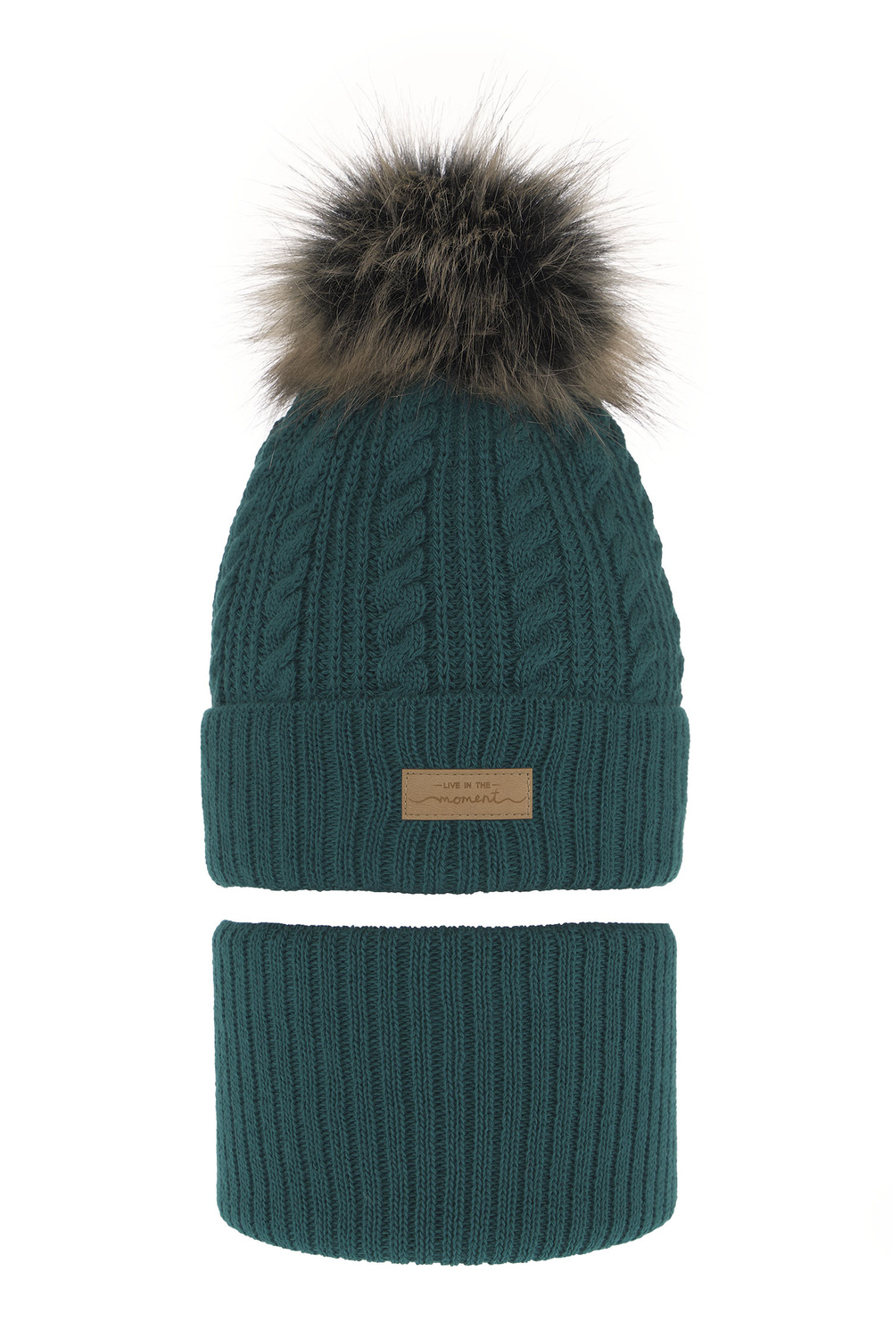 Girl's winter set: hat and tube scarf green Alika with pompom