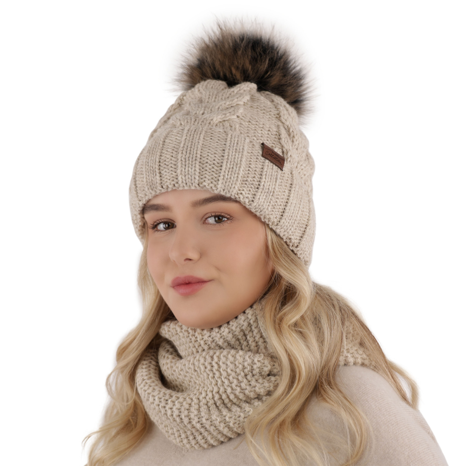 Girl's winter set: hat and tube scarf grey Torina with pompom