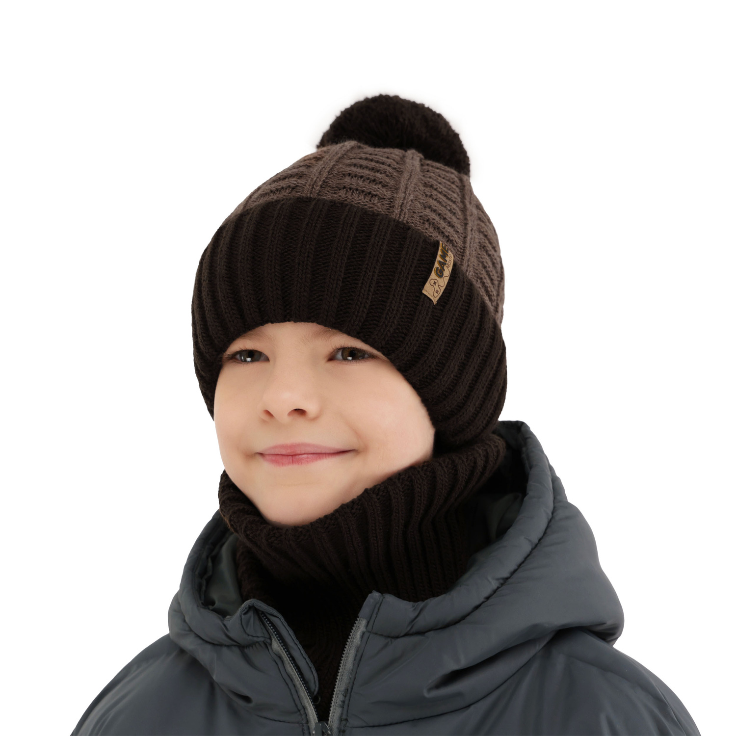 Boy's winter set: hat and tube scarf black with pompom Leo