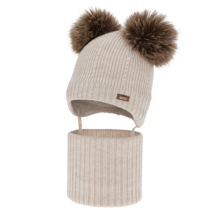 Boy's hat and snood, winter set, beige, 100% merino wool, lined with wool fleece, Lumio