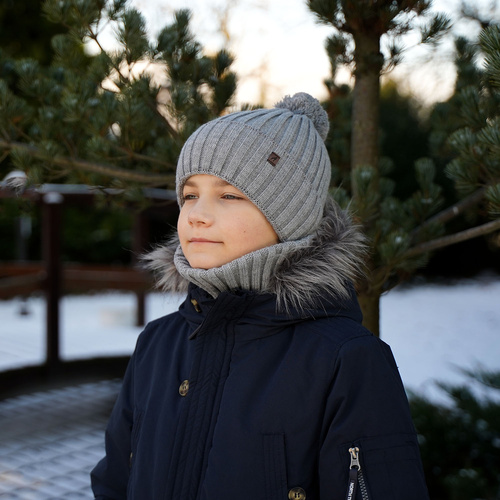Boy's winter set: hat and tube scarf grey Wiliam with pompom