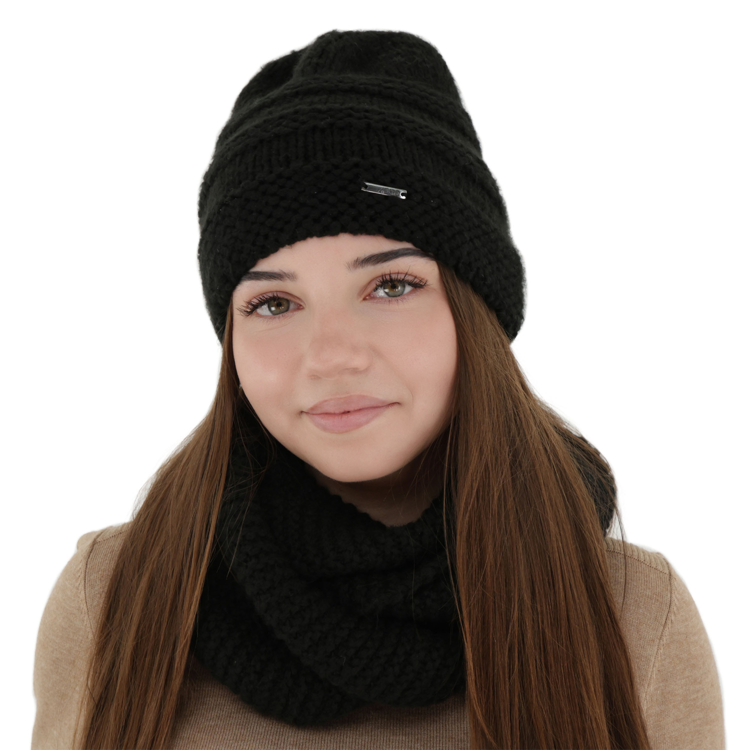 Winter set: hat and tube scarf, black, with merino wool, Driva
