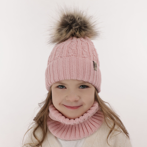Girl's winter set: hat and tube scarf pink Pretoria with pompom