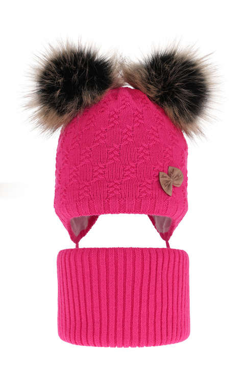 Girl's winter set: hat and tube scarf pink with two pompoms Bettina