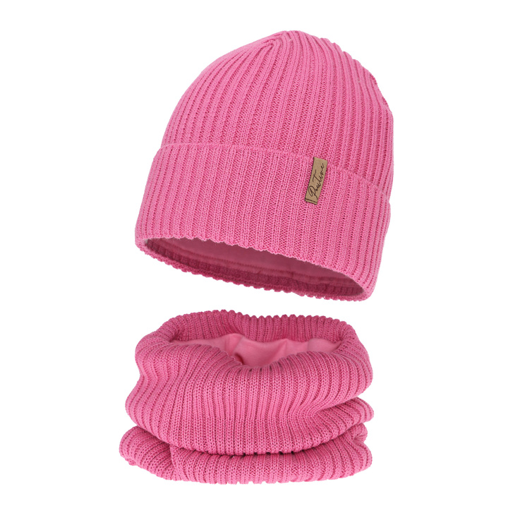 Hat and tube scarf with fleece lining for girl winter set, pink, with merino wool, Odette