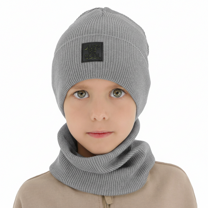 Boy's spring, autumn set: hat and tube scarf, with cotton, light gray, Jonas