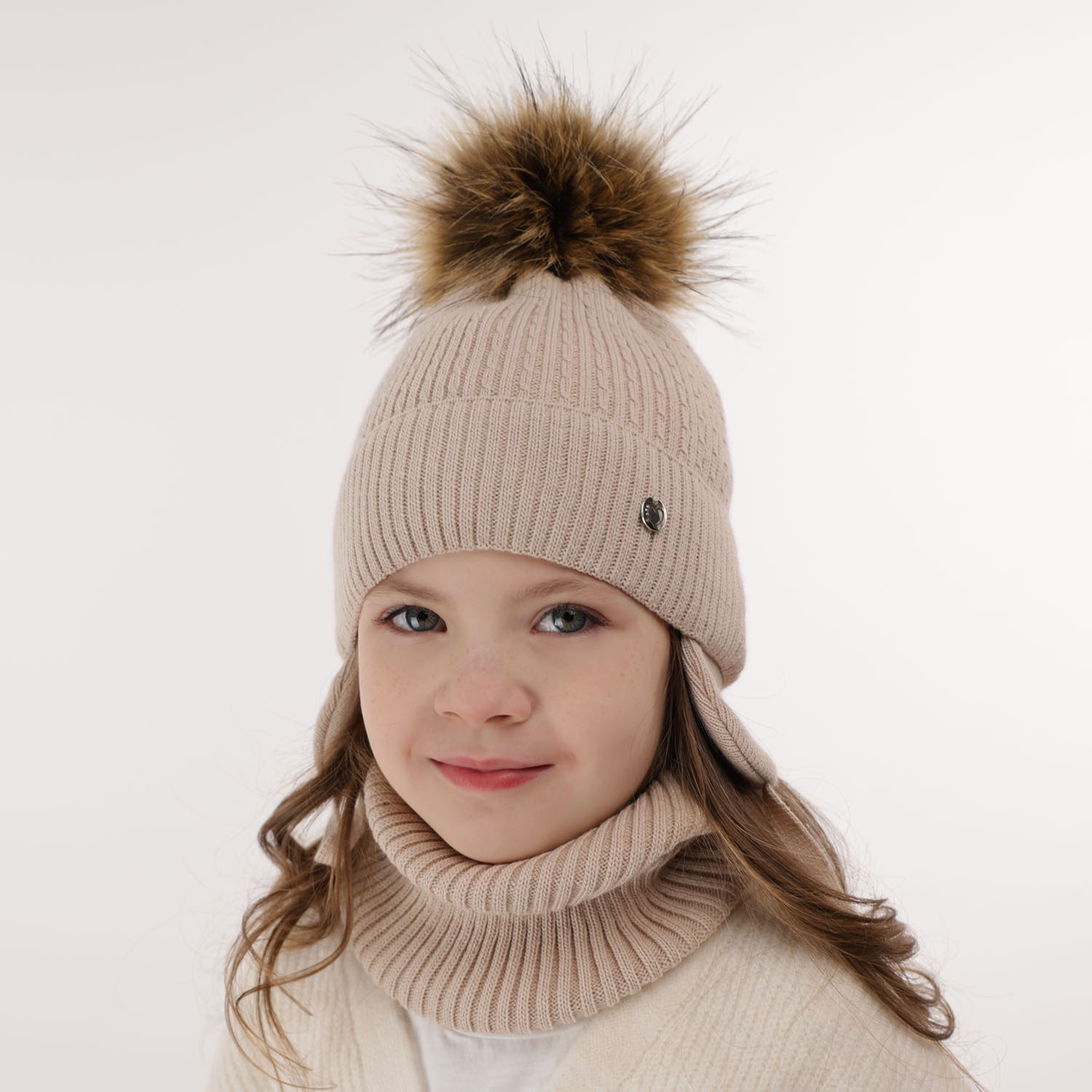 Girl's winter set: hat and tube scarf violet with pompom Debra